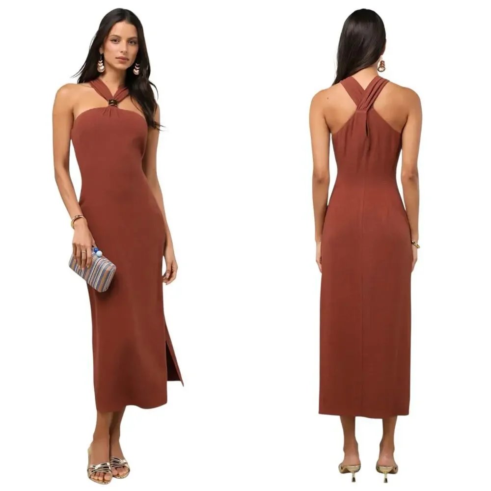 Lulus Calessia Rust Brown Linen Halter Neck Midi Dress size Medium NWT - Picture 1 of 6